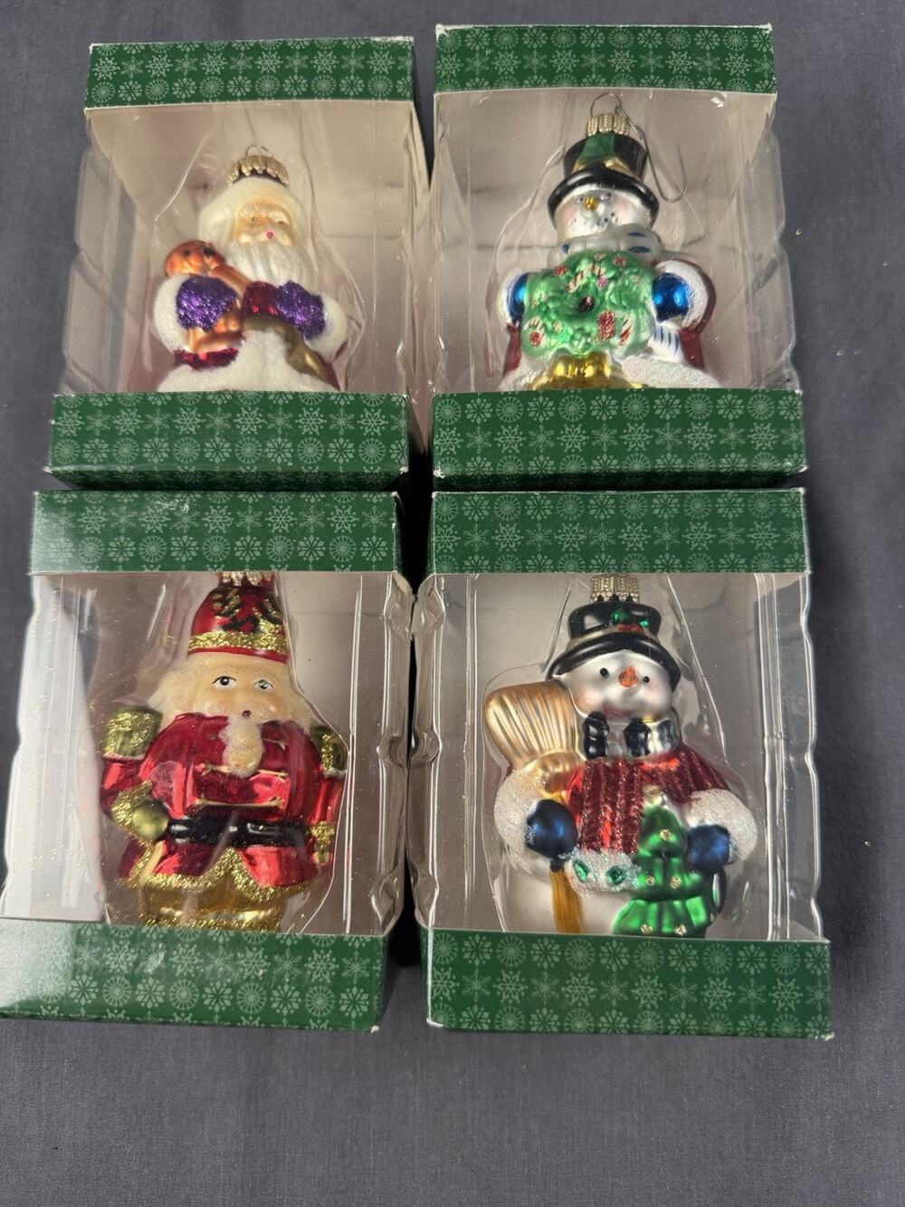 Set Of 4 Holiday Time Glass Ornaments 1990s Walmart Santa Nutcracker Snowmen